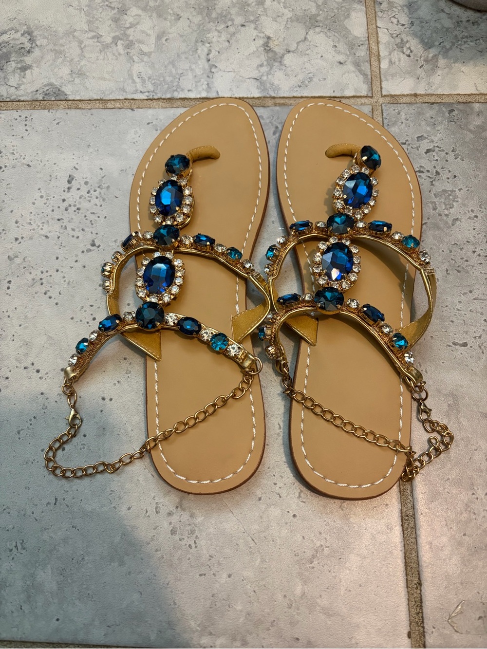 Gold Sandal with Blue Gem Embellishments - Women's Fashion Sandal